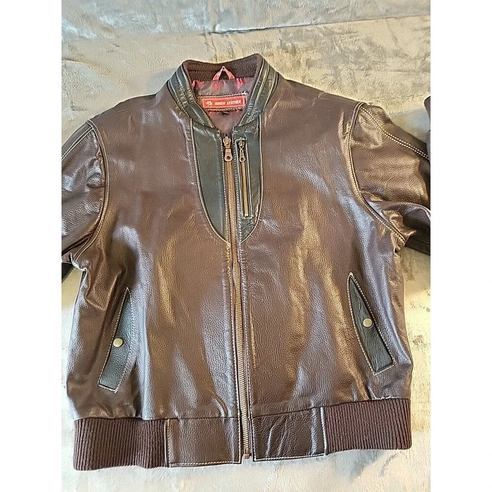 Novin Leather Jacket Men's Large  Brown  Black White Threading Inside Pockets